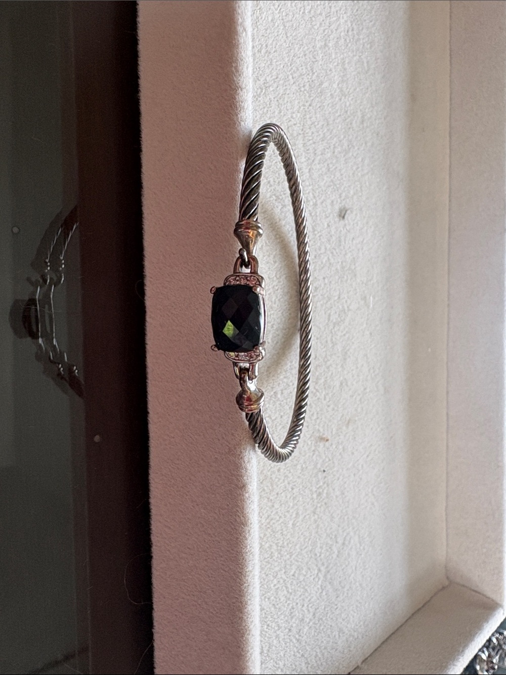 David Yurman Silver Cable Bracelet with Dark Green Faceted Stone